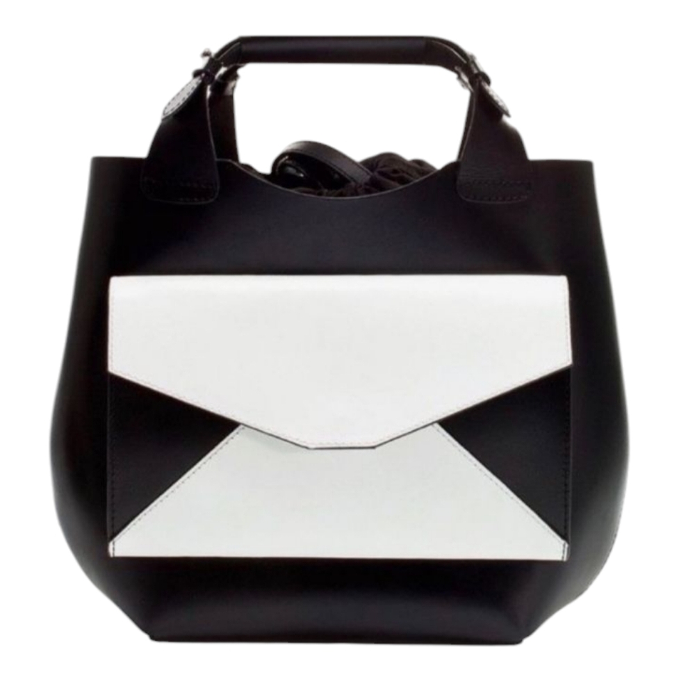 Zara Woman Elegant Black and White Leather Bucket Handbag With Envelope Pocket